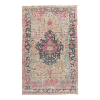 Vintage Wool on Cotton Tribal Area Rug – HandMade All Around Design in Soft Rose & Blue Tones -3' 7'' X 7' 4'' For Sale