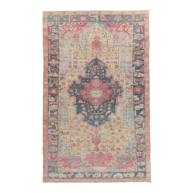 Vintage Wool on Cotton Tribal Area Rug – HandMade All Around Design in Soft Rose & Blue Tones -3' 7'' X 7' 4'' For Sale