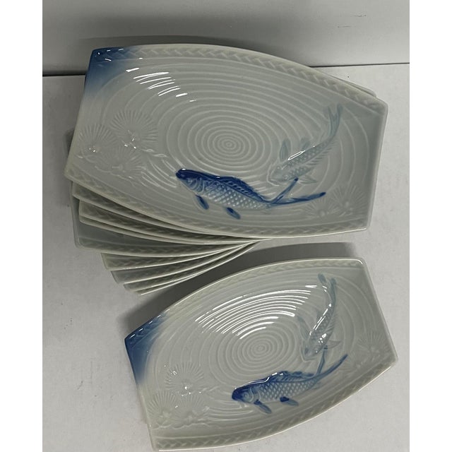 Japanese Vintage Gump Japanese Arita Porcelain Set of 10 Koi Image Sushi/Appetizer Plates For Sale - Image 3 of 5