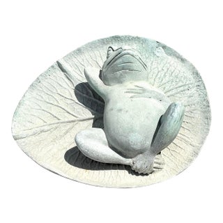 Vintage Patinated Frog on Lilypad Garden Ornament For Sale