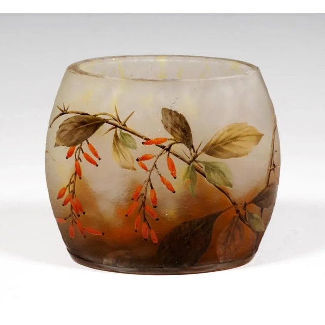 Pillow shaped vase, colorless glass with flaky white and yellow, in the stand area with rust-brown powder melts, with...