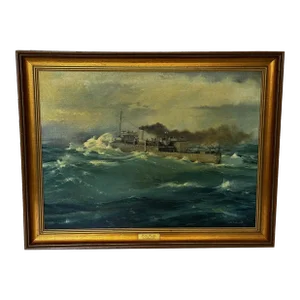 Seascape Oil Painting HMS Franklin Mine Sweeper Ship the Pentlands Wwii Convoy Duty North Sea, Frame