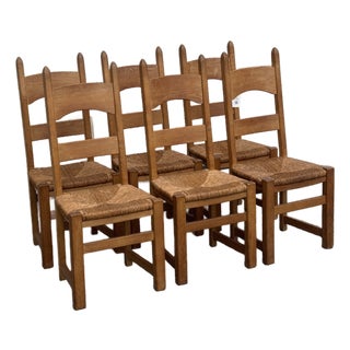 1950s French Oak & Rush Ladder-Back Dining Chairs - Set of Six For Sale
