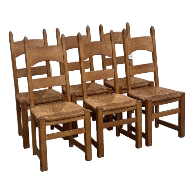 1950s French Oak & Rush Ladder-Back Dining Chairs - Set of Six For Sale
