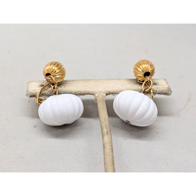 American Vintage 1980s Signed Napier Goldtone White Melon Drop Clip Earrings-2 Pieces For Sale - Image 3 of 8