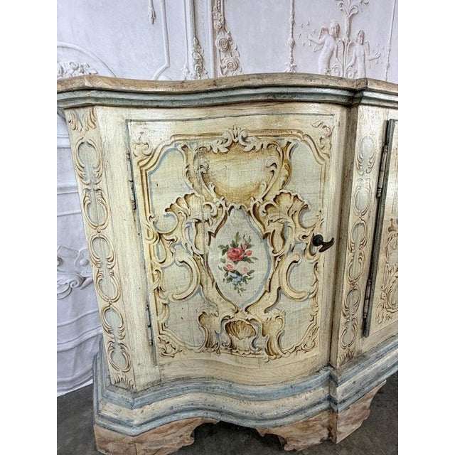 Italian Rococo Painted Serpentine Credenza With Floral Cartouches For Sale - Image 17 of 17