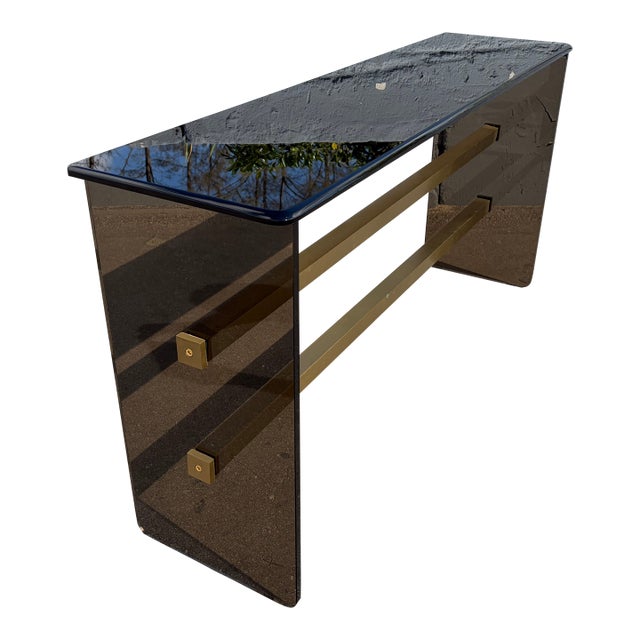 1970s Mid Century Modern Dark Glass and Brass Console Table, Sofa Table For Sale