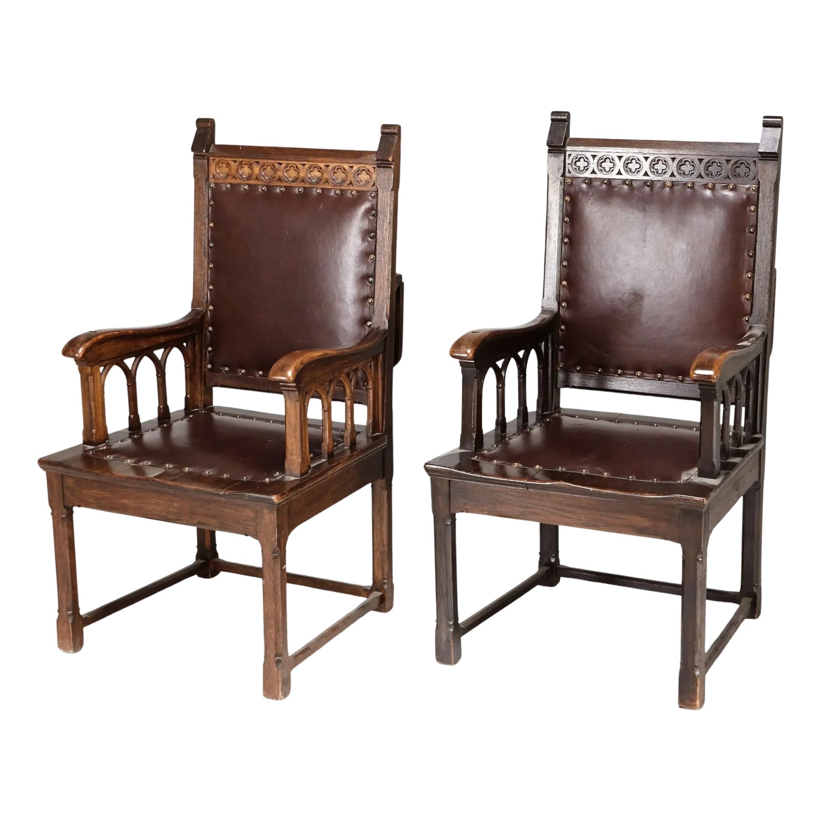 Antique Oak Gothic Revival Library Armchairs, 1890s, Set of 2 | Chairish