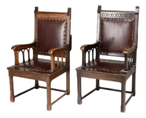 Antique Oak Gothic Revival Library Armchairs, 1890s, Set of 2