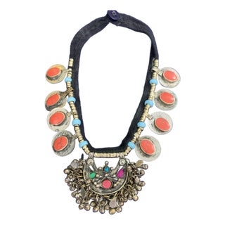 Mid 20th Century Afghan Tribal Kuchi Pendant Necklace Boho Jewelry Made With Coral and Turquoise For Sale
