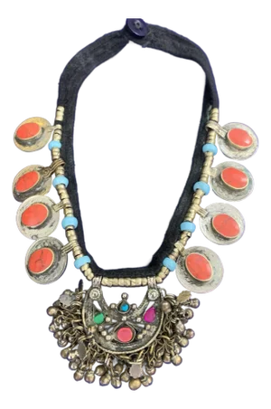 Mid 20th Century Afghan Tribal Kuchi Pendant Necklace Boho Jewelry Made With Coral and Turquoise