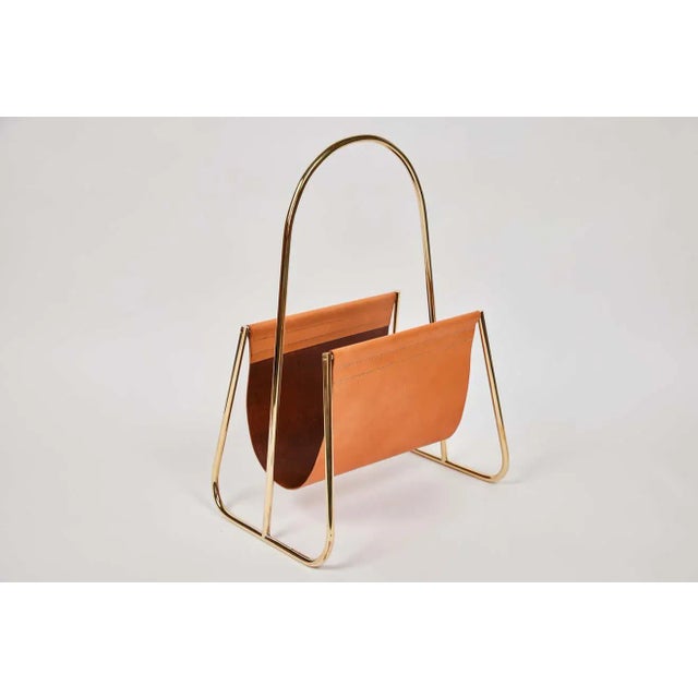 Carl Auböck Model #4019-2 Cognac Leather and Brass Magazine Rack For Sale In Los Angeles - Image 6 of 11