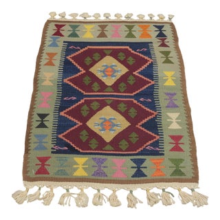 1970s Turkish Vintage Geometric Tribal Style Oushak Hand Knotted Kilim Rug For Sale