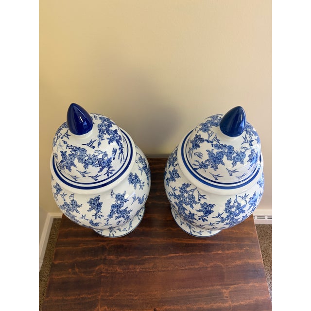 Blue Chinoiserie Large Blue and White Porcelain Ginger Jars, Pair For Sale - Image 8 of 9