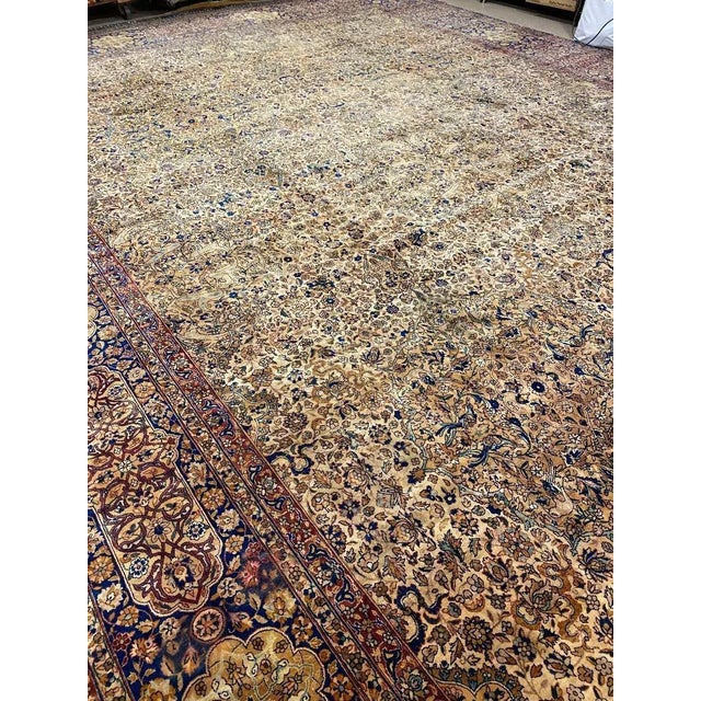 Ivory Antique Persian Kerman Carpet, Oriental Rug, Handmade, Ivory, Gold, Blue, Soft For Sale - Image 8 of 10