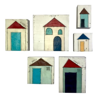 Encaustic Collage Collection by Gina Cochran - "Tiny Dwellings" Series - Red Tile Roofs - Set of 6 For Sale