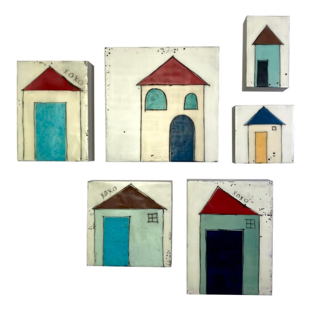 Encaustic Collage Collection by Gina Cochran - "Tiny Dwellings" Series - Red Tile Roofs - Set of 6 For Sale