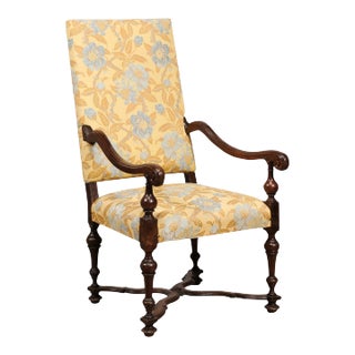 Italian Baroque Period 17th Century Walnut Armchair with Carved X-Form Stretcher For Sale