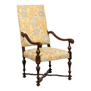 Italian Baroque Period 17th Century Walnut Armchair with Carved X-Form Stretcher