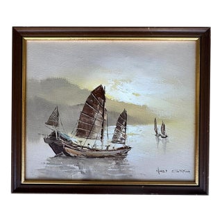 Vintage Chinese Junk Boat Painting Small Framed Oil Harbor Scene - Signed Ngai Sing For Sale