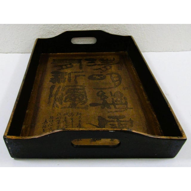 Wood Antique Japanese Kanji Calligraphy Wood Serving Tray Obon With Stamp Signature For Sale - Image 7 of 11