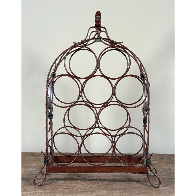 Vintage Jacques Adnet Style Faux Leather Equestrian Metal Wine Bottle Rack For Sale In Providence - Image 6 of 6