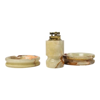 Mid-20th Century Smoking Set Onyx Table Lighter and Two Ashtrays For Sale