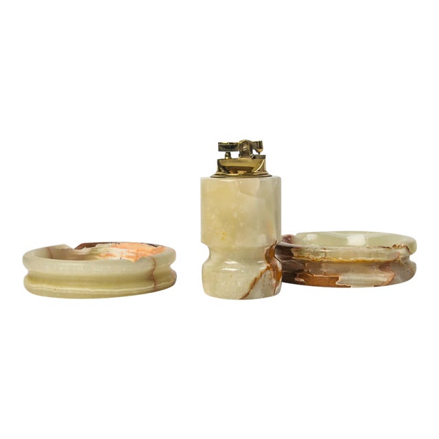 Mid-20th Century Smoking Set Onyx Table Lighter and Two Ashtrays For Sale