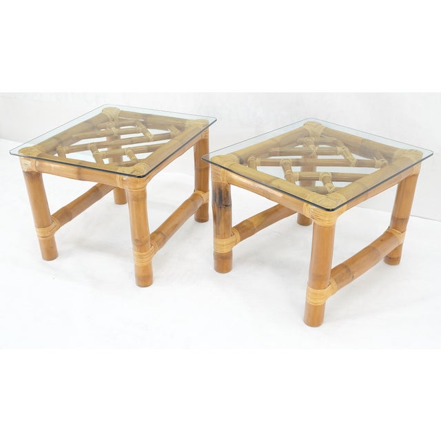 Pair Thick Bamboo Glass Top Rectangle Glass Top End Side Lamp Tables MINT For Sale - Image 13 of 18
