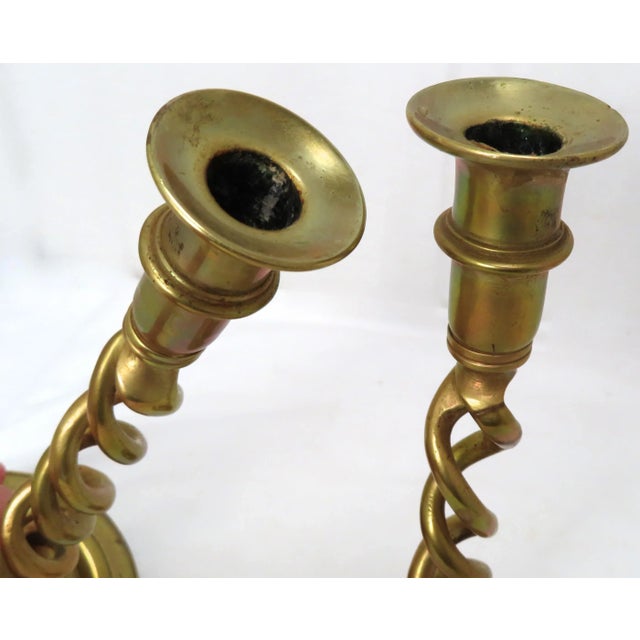 Brass Antique 13 Inch Brass Jacobean Open Rope Twist Candlesticks a Pair For Sale - Image 8 of 13