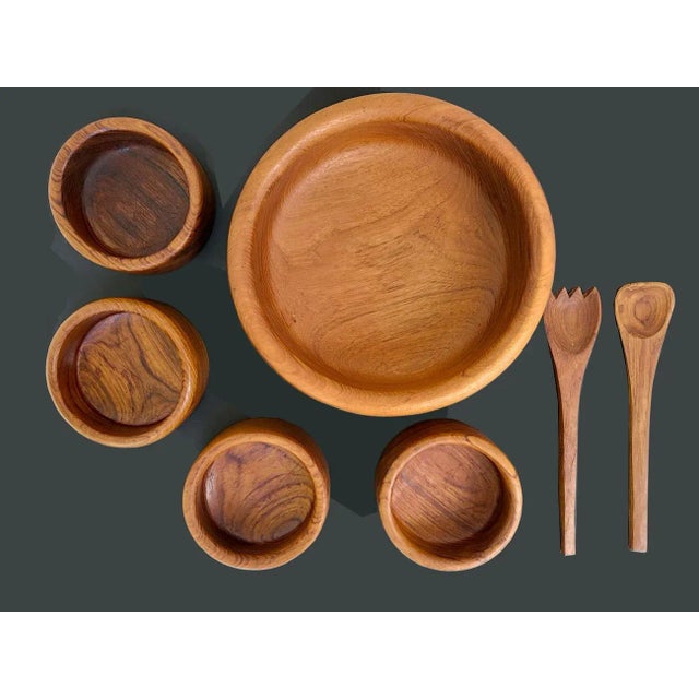 Wood 1970s Teak Wood Salad Bowls and Serving Utensils, Set of 7 For Sale - Image 7 of 10