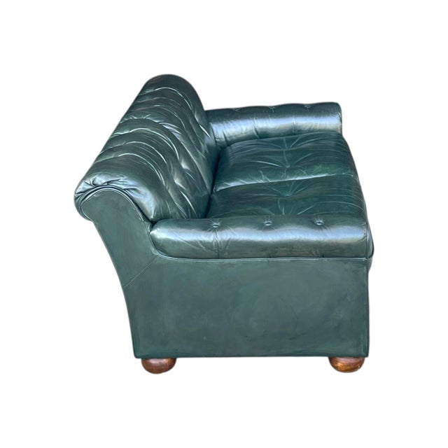 Dark Green Vintage Dark Green Tufted Leather English Club Loveseat For Sale - Image 8 of 14