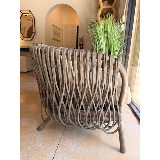 Contemporary Arteriors Taupe Leather and Rattan Lounge Chair For Sale - Image 3 of 7