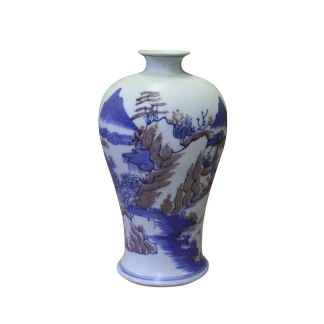 Chinese Red Blue White Porcelain Hand-Painted Scenery Small Vase For Sale