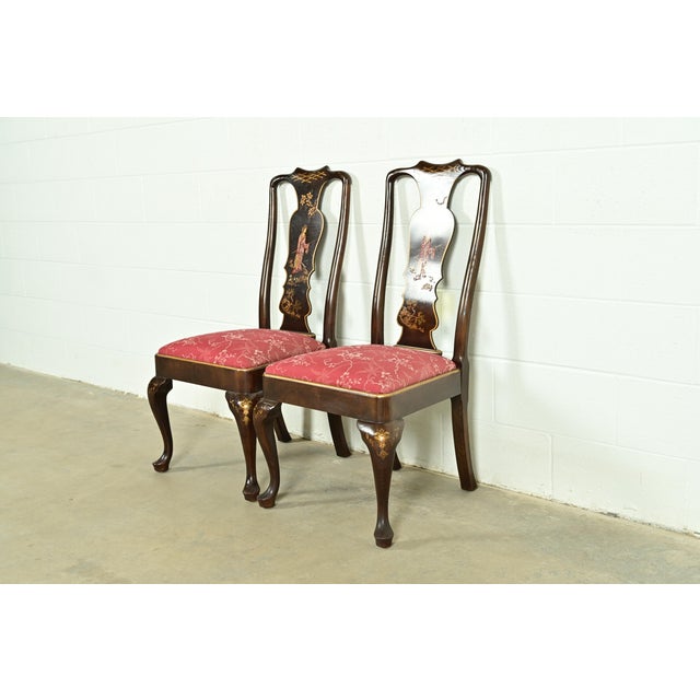 Chinoiserie Henredon Chinoiserie Queen Anne Hand Painted Oak Side Chairs or Dining Chairs, Pair For Sale - Image 3 of 14