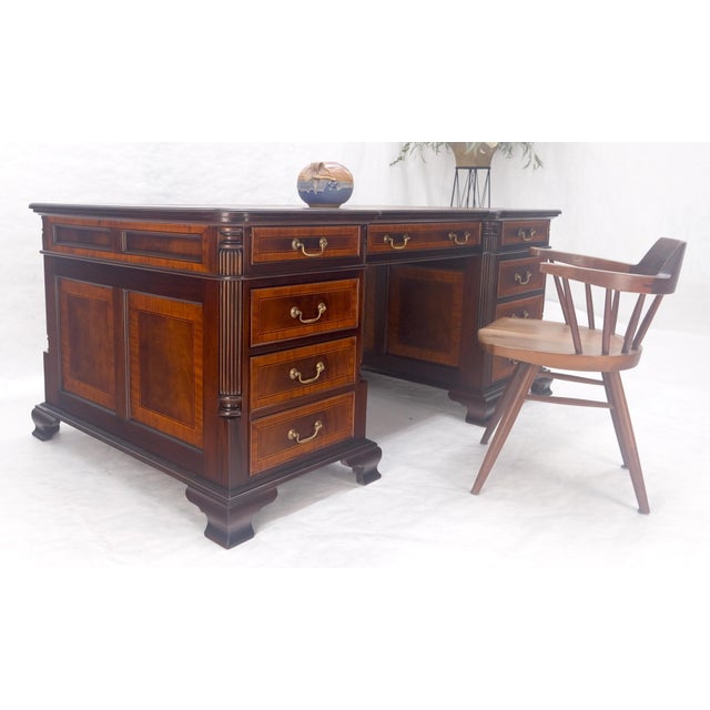 Henredon Large Double Pedestal Embossed Leather Top Mahogany Partners Desk MINT For Sale - Image 4 of 14