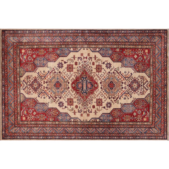 Beige Shabby Chic Tribal Super Kazak Beige/Blue Wool Rug - 5'5'' X 8'1'' For Sale - Image 8 of 10