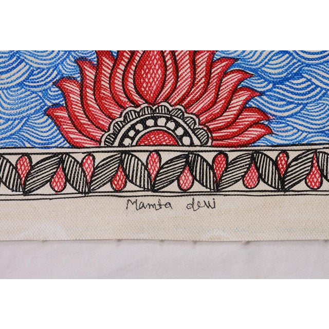 Folk Art Blue Symphony – Original Hand-Painted Madhubani Floral Mandala Folk Art by National Award Winner Mamta Devi For Sale - Image 3 of 4