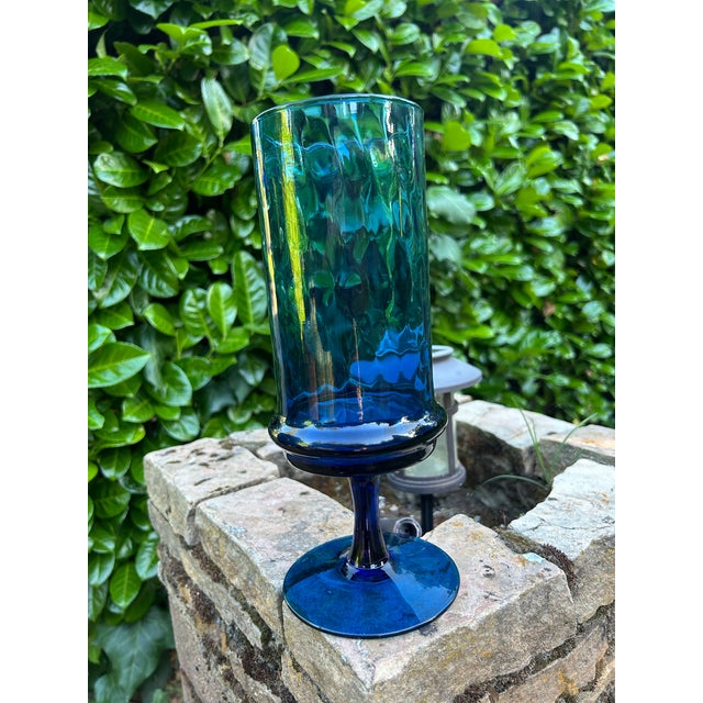 Glass 1960s Mid Century Modern Empoli Deep Teal Blue Optic Art Glass Vase With Pedestal - Italian Mouth Blown Empoli For Sale - Image 7 of 12