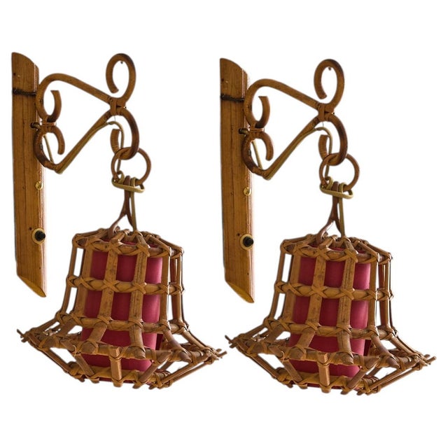 Pair of Italian Rattan + Bamboo Sconces with Red Diffusers, 1970s For Sale