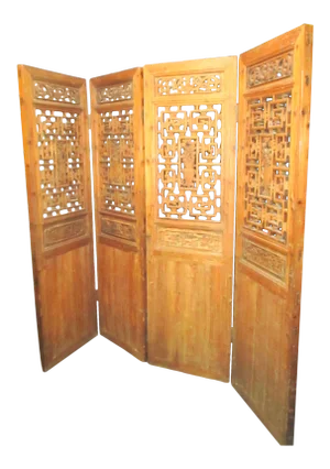 Late 18th Century Chinese Elmwood 4 Panel Design Folding Floor Screen