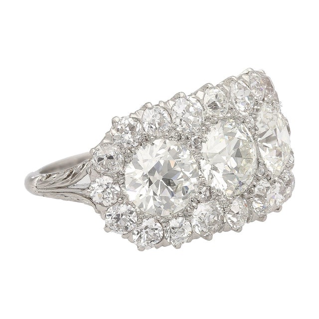 Vintage 4.50 Cttw Old European Cut Diamond Three-Stone Art Deco Engagement Ring Size 7 For Sale - Image 4 of 11