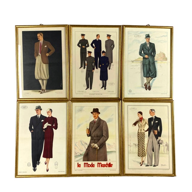 1930s "La Moda Maschile" Original Men and Women Fashion Prints, Framed - Set of 6 For Sale - Image 9 of 13