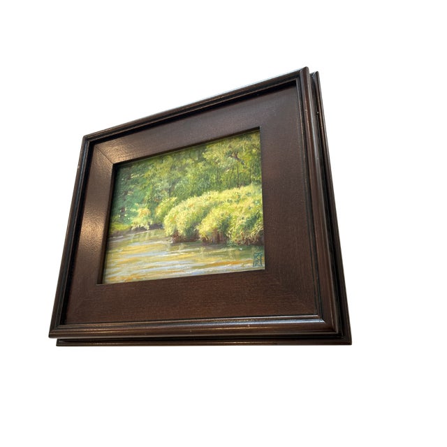 Impressionist Late 20th Century “Waving Grasses” – Signed Impressionist Landscape Oil Pastel Painting, Woodland Stream Scene, Custom Wood Frame For Sale - Image 3 of 6