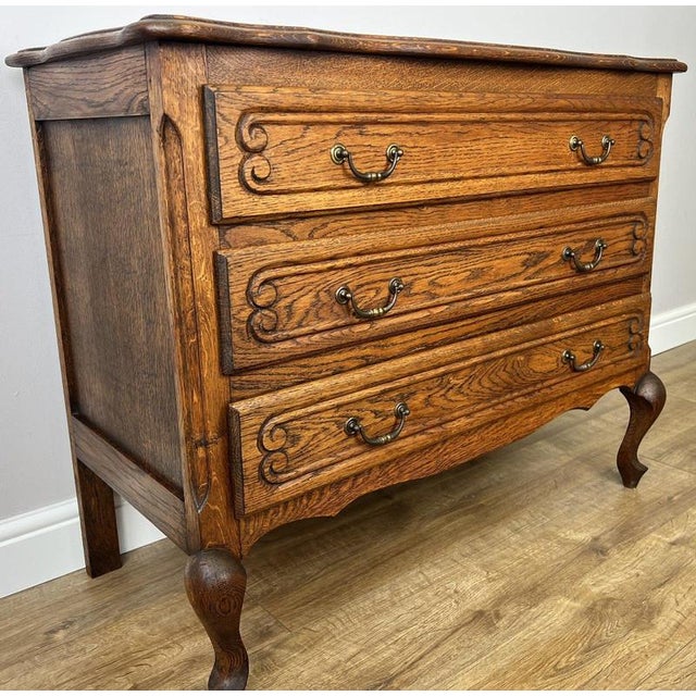 Vintage French Louis Carved Oak Chest of 3 Drawers For Sale - Image 3 of 13