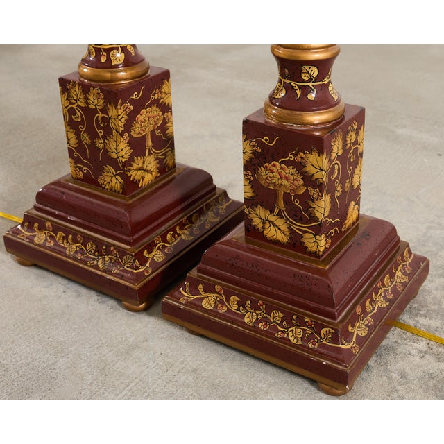 Late 20th Century Lacquered Wood Chinoiserie Gilt Decorated Floor Lamps - a Pair For Sale - Image 13 of 18