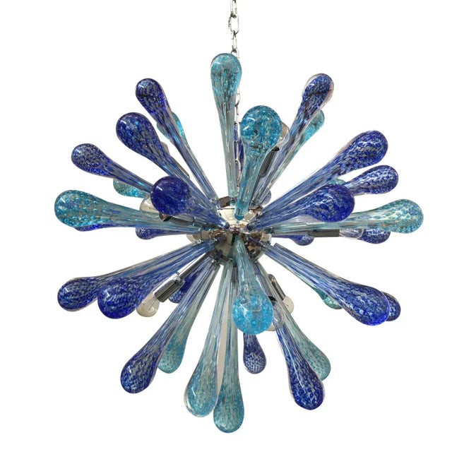 Black Murano Glass Sputnik Chandelier, Blue Air Drops, With Chromed Metal Frame For Sale - Image 8 of 12