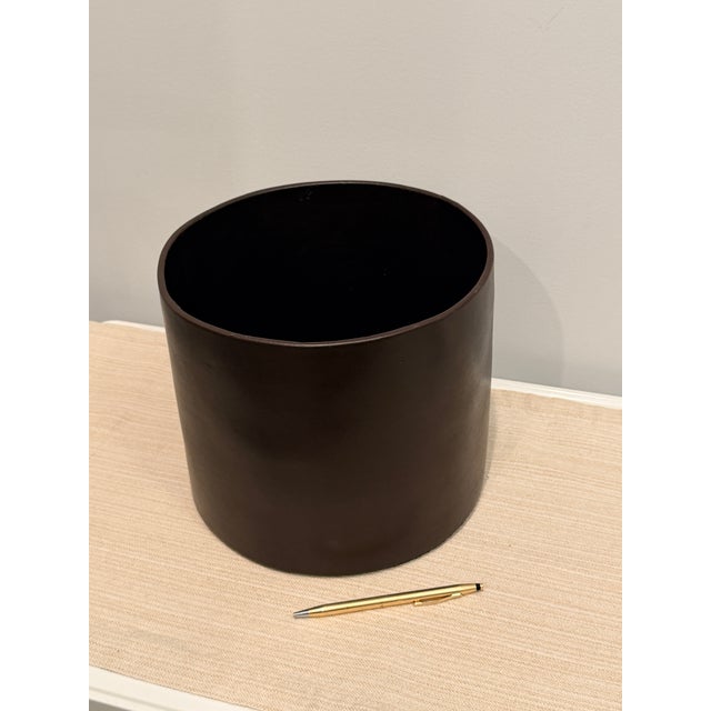 Vintage Genuine Leather Waste Basket in Chocolate Brown For Sale - Image 4 of 4