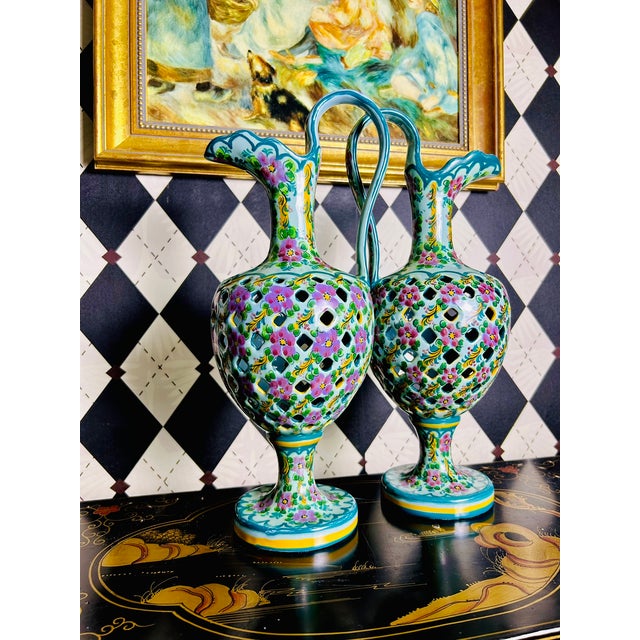 Pair Signed J. Leonardo Portuguese Hand-Painted Reticulated Ceramic Ewers, 15" For Sale - Image 13 of 17