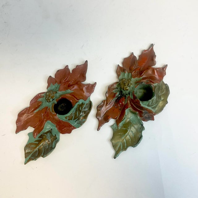 1920s 1922 Antique Boho Chic Americana Cast Iron Poinsettia Candle Holders - A Pair, Christmas For Sale - Image 5 of 11